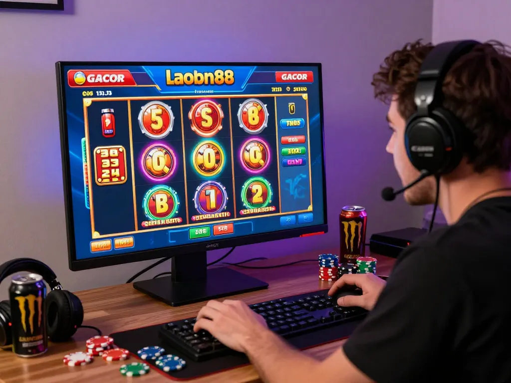 Pemain menikmati pengalaman slot gacor laoban188 di setup gaming modern dengan grafik slot yang cerah dan atmosfer yang imersif.
