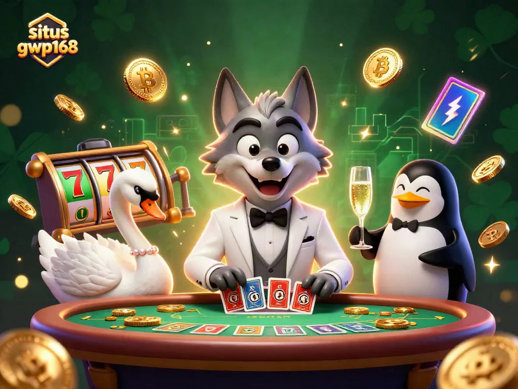 Gambarkan aksi permainan situs gwp168 dengan wolf elegan, angsa, dan penguin di kasino.