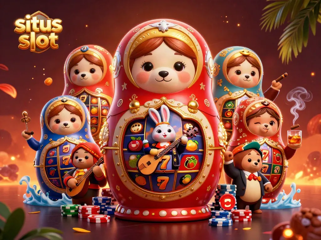 Engage with situs slot features in this vibrant casino scene showcasing iconic slot elements.