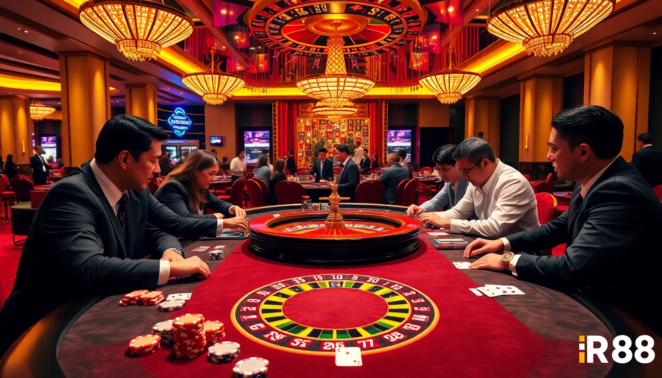 Engaging poker players at a luxurious casino table embodying nhà cái rr88's excitement and strategy.