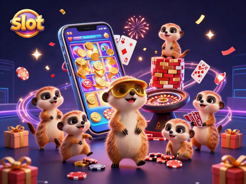 Meerkat bermain slot dengan smartphone, menghasilkan kepingan emas dan kartu, suasana kasino penuh warna dan meriah.