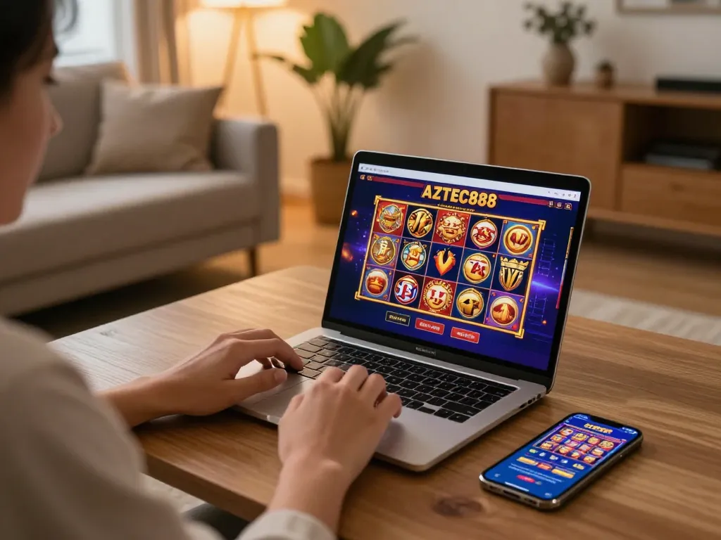 Engaging with AZTEC888 online casino on a laptop in a cozy home setup
