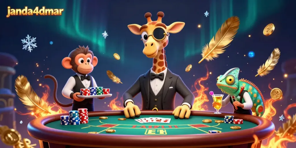 Pemain janda4dmar meraih kemenangan di meja poker sambil dikelilingi simbol keberuntungan dan celah cahaya.