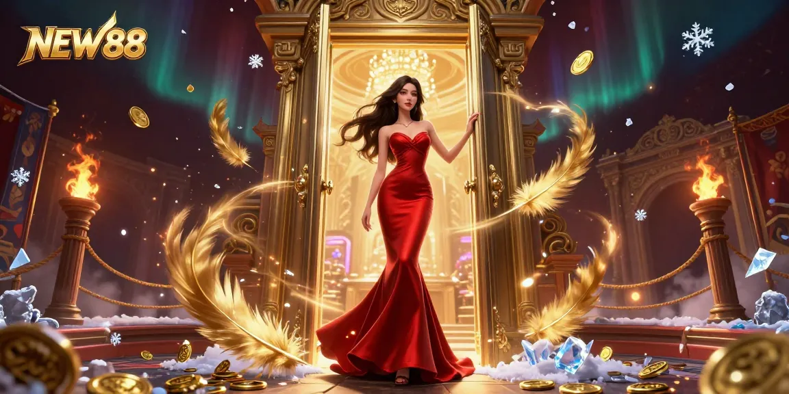 NEW88 captivates with a stunning Asian woman in a luxurious casino doorway, surrounded by golden gaming elements.