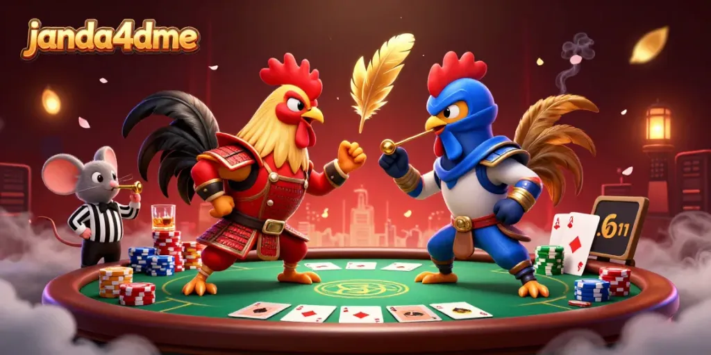 JANDA4D menampilkan ayam petarung yang berhadapan di arena dengan elemen poker mengelilinginya.