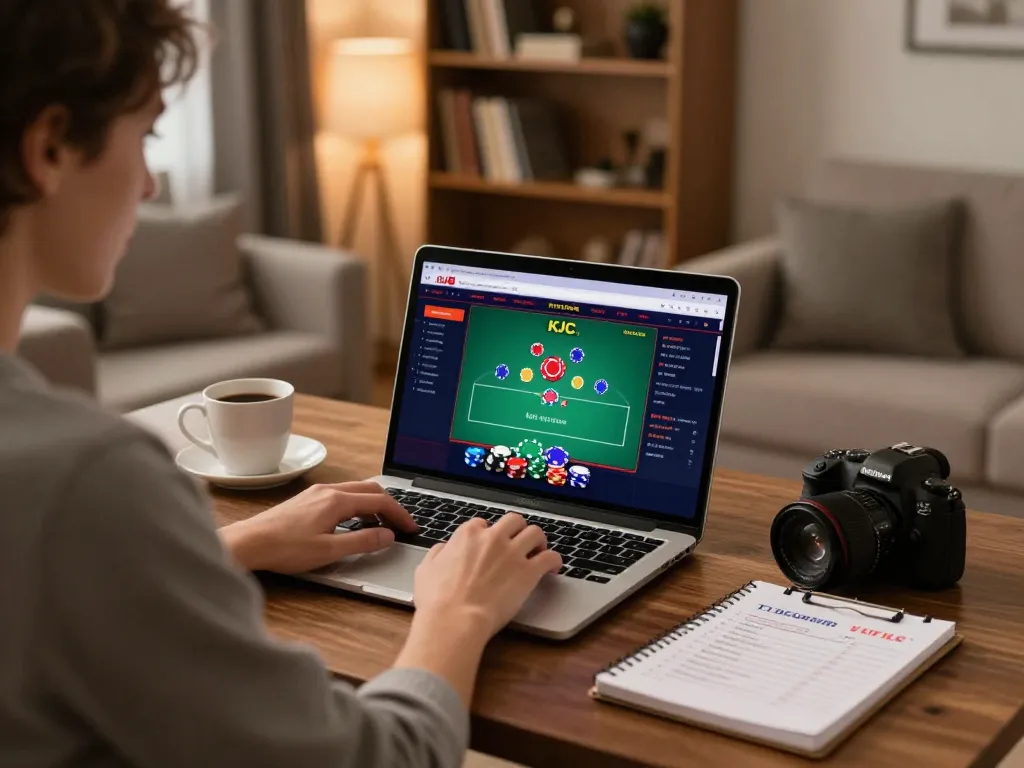 Engaging online poker gameplay with KJC branding in a comfortable home office setup, showcasing strategy and focus.