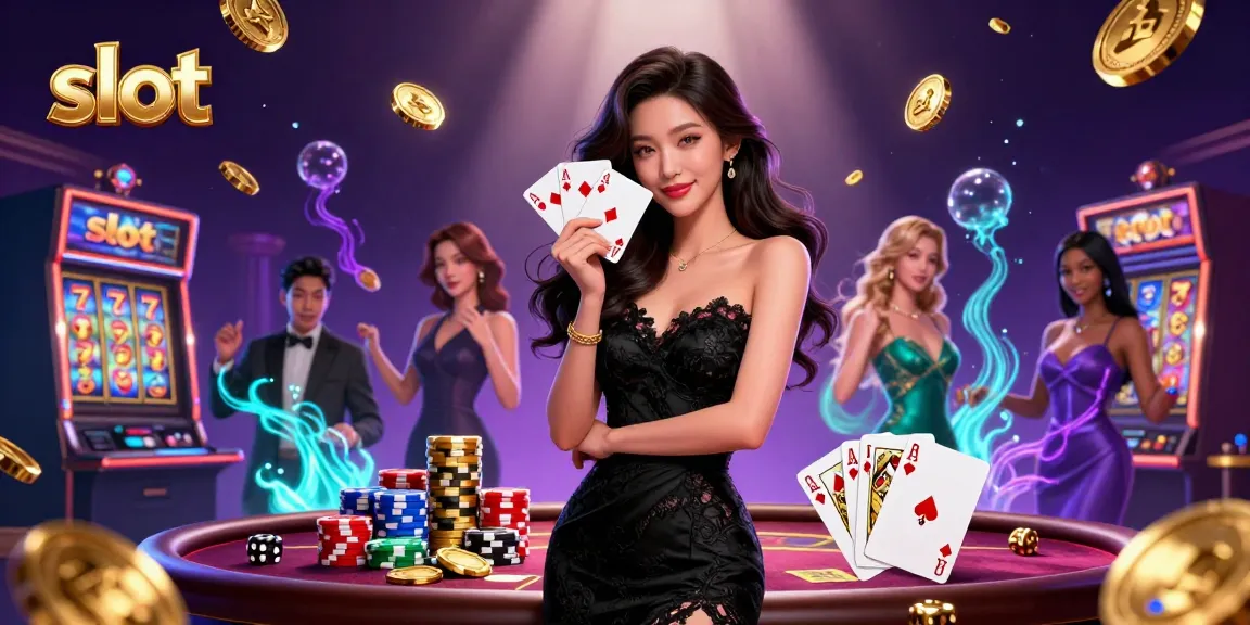 Spin the reels at the slot machine alongside an elegant dealer in a luxurious casino.