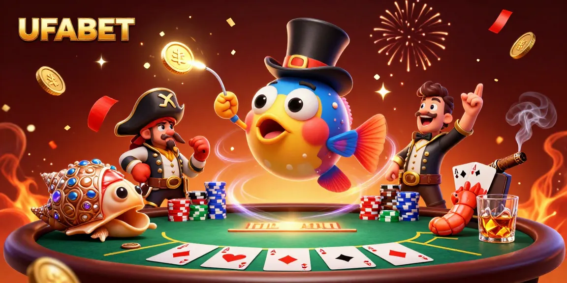 Experience the excitement of betting at UFABET with a vibrant casino scene featuring dynamic characters and poker elements.