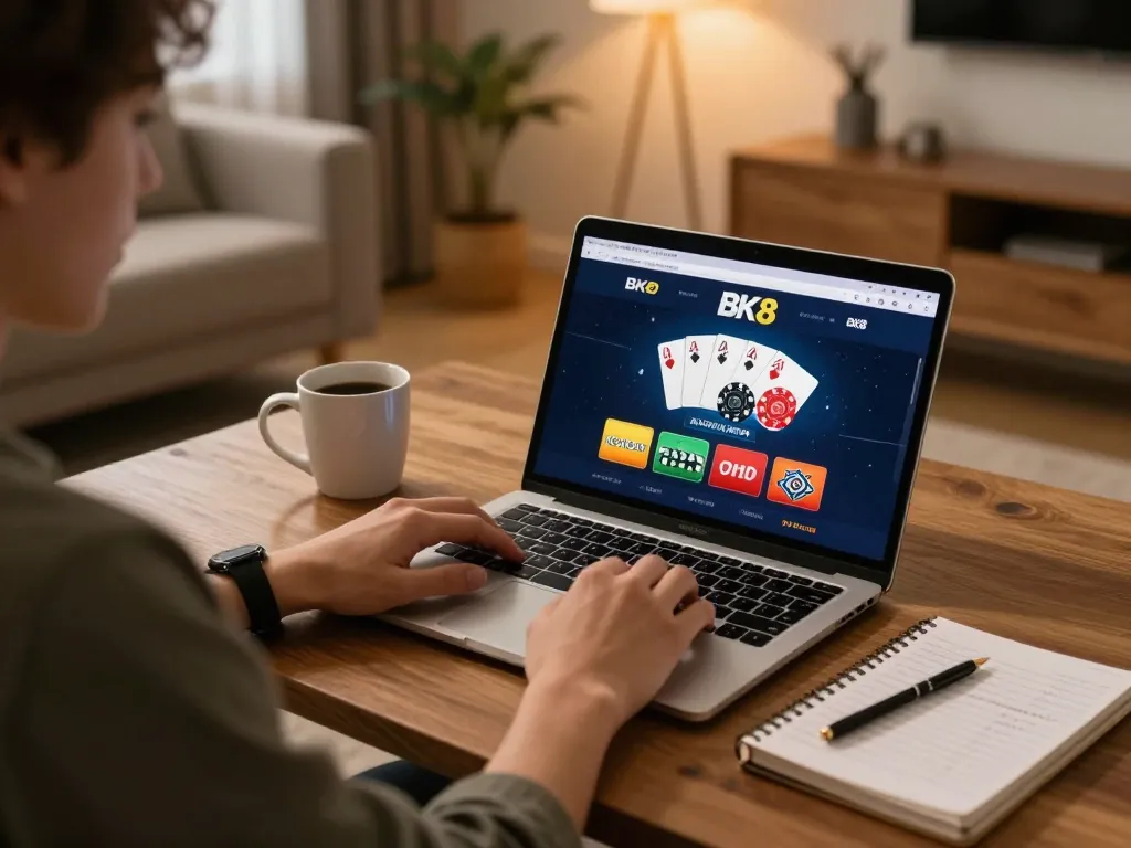 Playing poker on BK8's online platform in a cozy home setting with strategy notes nearby.