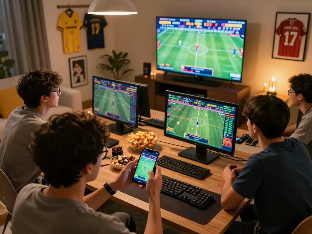 Exciting sports betting action on CM 88 platform, capturing social atmosphere of friends discussing strategies.