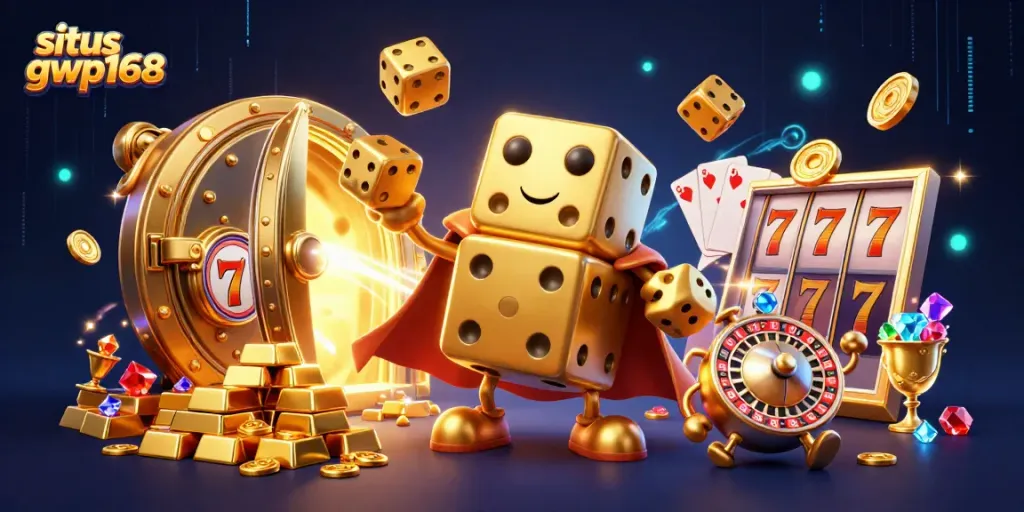 Gambaran situs gwp168 yang menampilkan golem dadu emas besar dan elemen permainan slot dalam suasana kasino yang kaya.