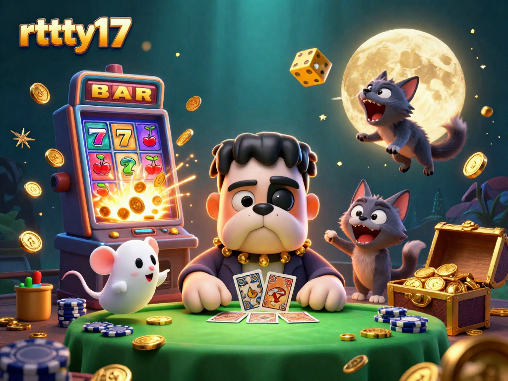 Experience the excitement of rttty17 with a bustling casino scene featuring colorful characters and thrilling game elements.