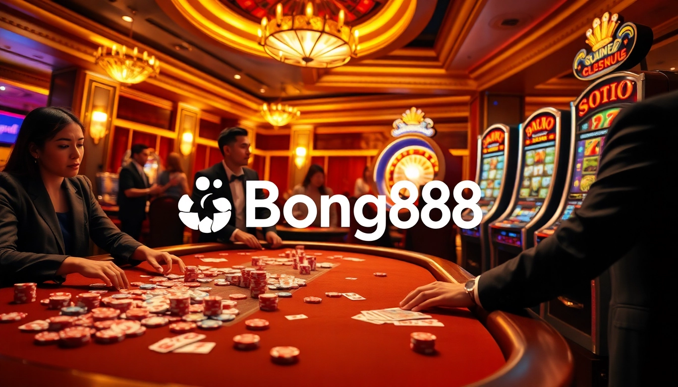 Casino gaming scene with Bong88 branding showcasing vibrant table games, intense players, and exciting slot machines.