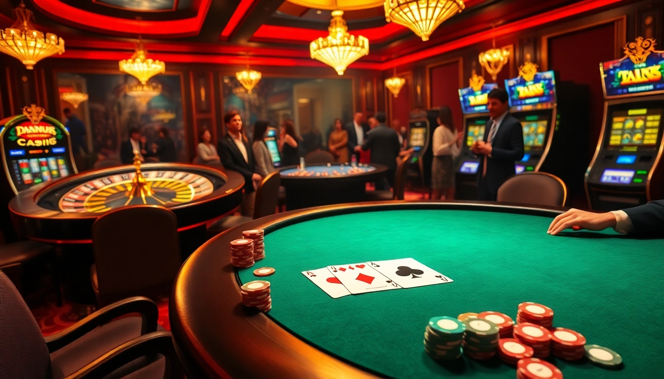 Exciting casino scene featuring OK8386 with high-stakes poker and vibrant roulette.