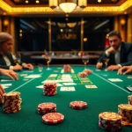 Engage with a vibrant Casino poker table featuring players and chips in a glamorous setting.