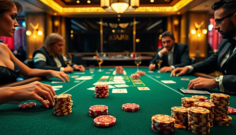 Engage with a vibrant Casino poker table featuring players and chips in a glamorous setting.
