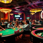 Players engaged in intense gambling action at jun888's vibrant casino tables filled with chips and roulette in the backdrop.
