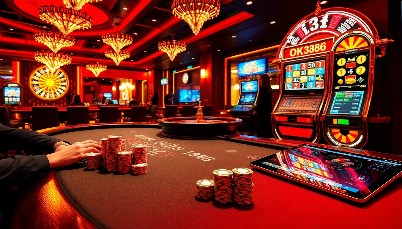 Players enjoying a high-stakes poker game featuring intriguing OK8386 betting dynamics and colorful chips.