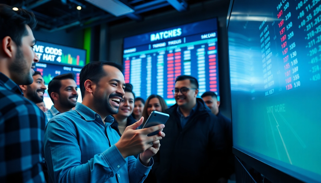 Engage in online Betting with excited bettors reviewing live odds and strategies at a modern sportsbook.