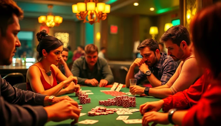 Engage in a strategic poker game with players deep in concentration at a casino table.