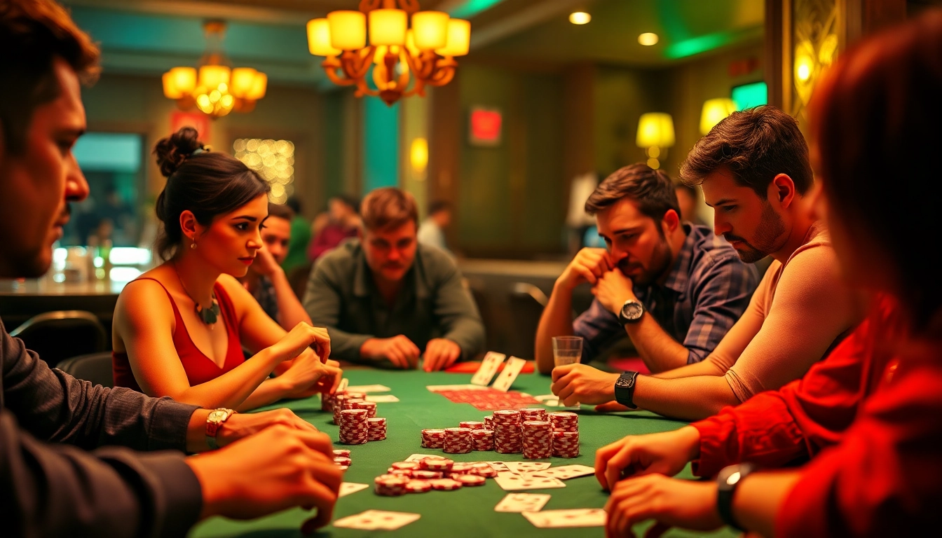 Engage in a strategic poker game with players deep in concentration at a casino table.