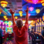 Slot Game menampilkan pemain merayakan kemenangan di mesin slot yang berwarna-warni.