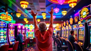 Slot Game menampilkan pemain merayakan kemenangan di mesin slot yang berwarna-warni.