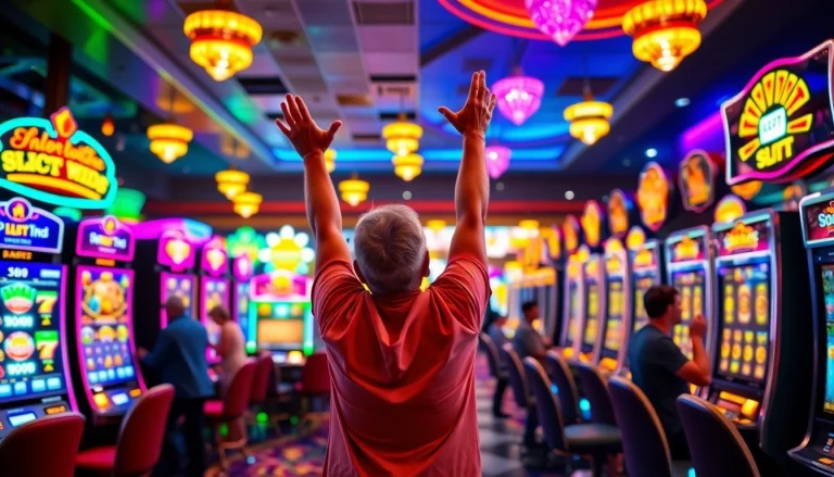 Slot Game menampilkan pemain merayakan kemenangan di mesin slot yang berwarna-warni.