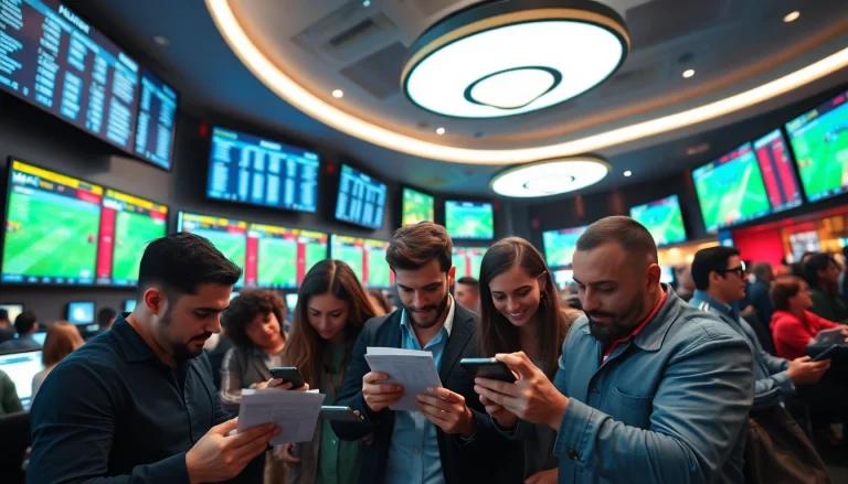 Engaging sports betting scene featuring diverse bettors analyzing odds and making wagers.