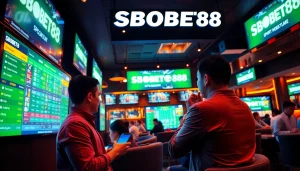 Menampilkan SBOBET88 dalam suasana seru taruhan olahraga dengan pengunjung yang bersuka cita.