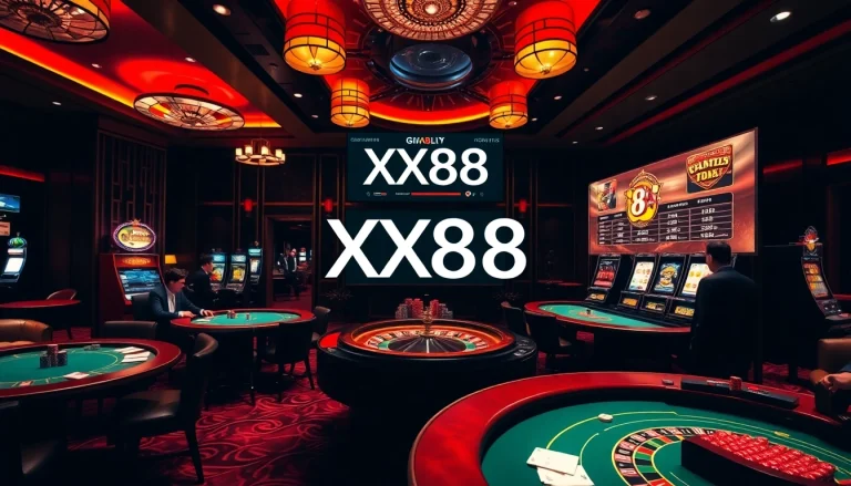 High-stakes gaming experience at XX88, featuring poker tables and professional players.