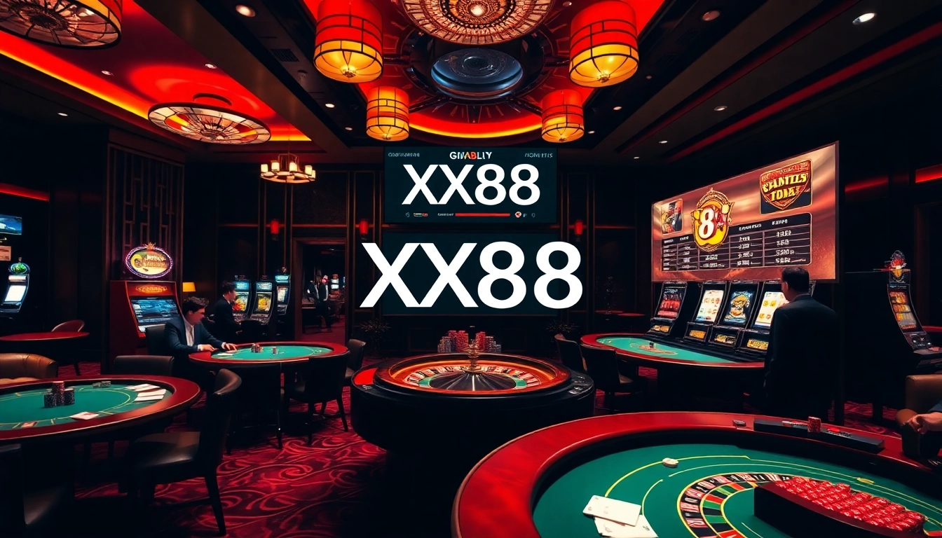 High-stakes gaming experience at XX88, featuring poker tables and professional players.