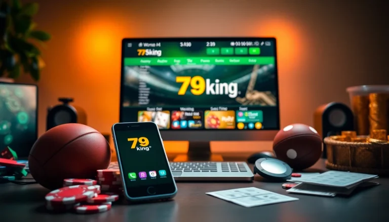A vibrant online gambling scene featuring the 79king platform display with casino chips and sports memorabilia, inviting users to join the betting adventure.