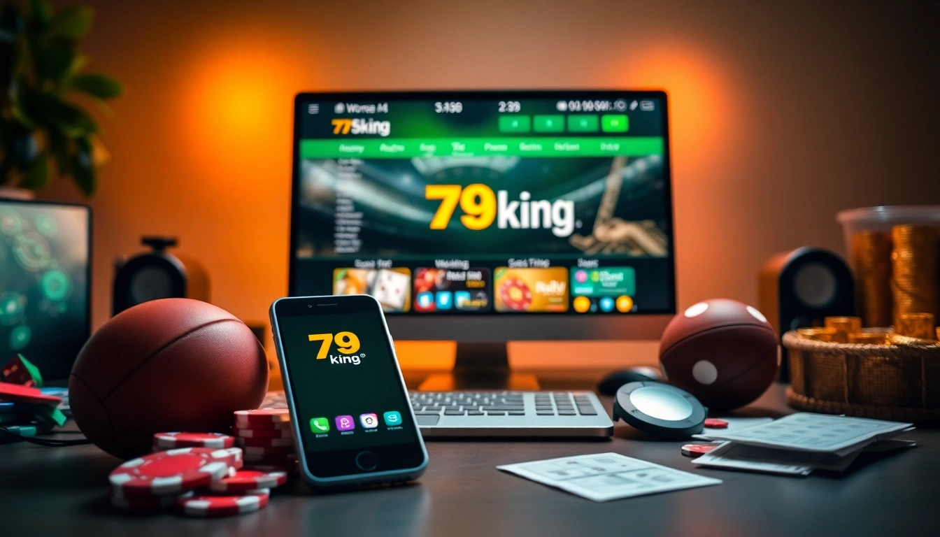 A vibrant online gambling scene featuring the 79king platform display with casino chips and sports memorabilia, inviting users to join the betting adventure.