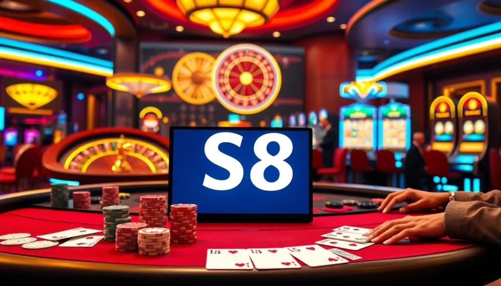 S8 players strategizing at a luxurious casino table with vibrant lighting and gaming elements.