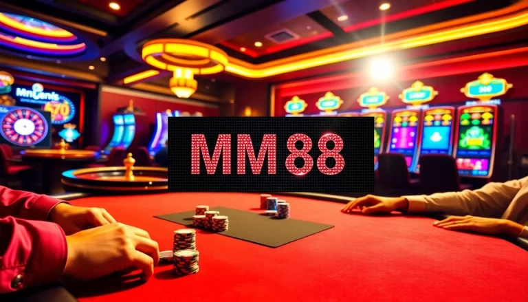 Experience the thrill of MM88 casino action at a luxurious poker table surrounded by vibrant slot machines.