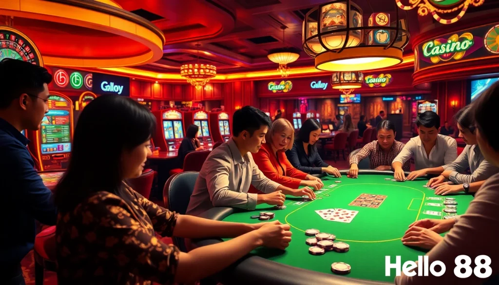 Hello88 players enjoying an exciting game of poker at a luxurious casino table.