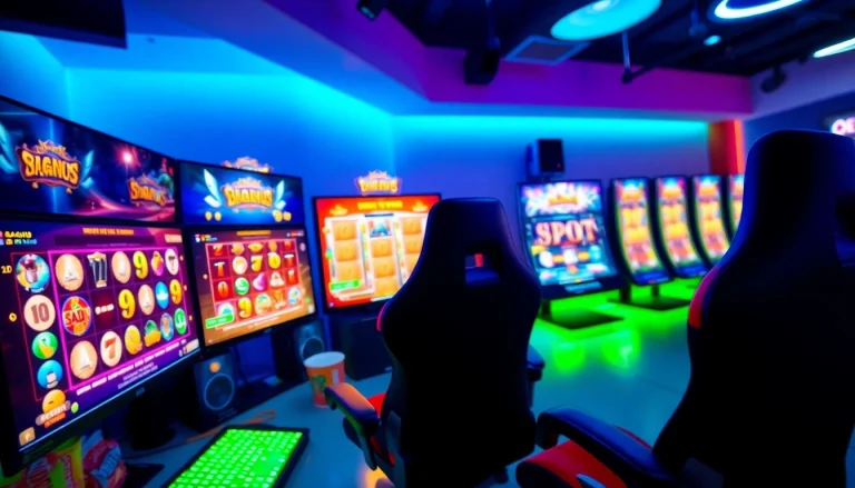 Situs kode4d online gaming setup featuring vibrant slot games with immersive lighting and engaging decor.
