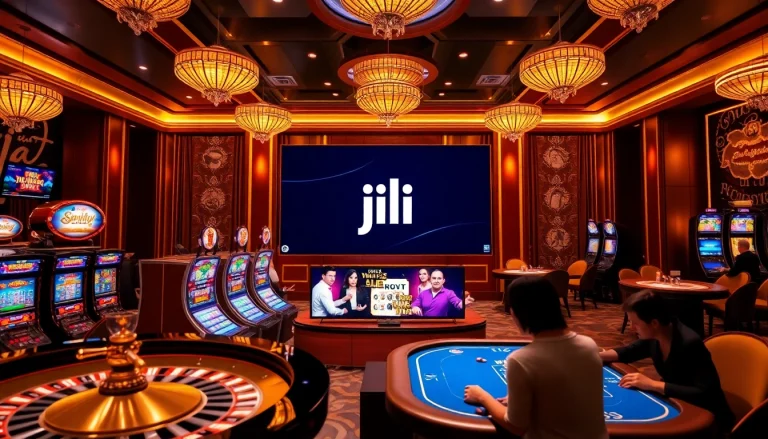 Players enjoy a thrilling jili gaming experience at a luxurious online casino, showcasing roulette and slots.