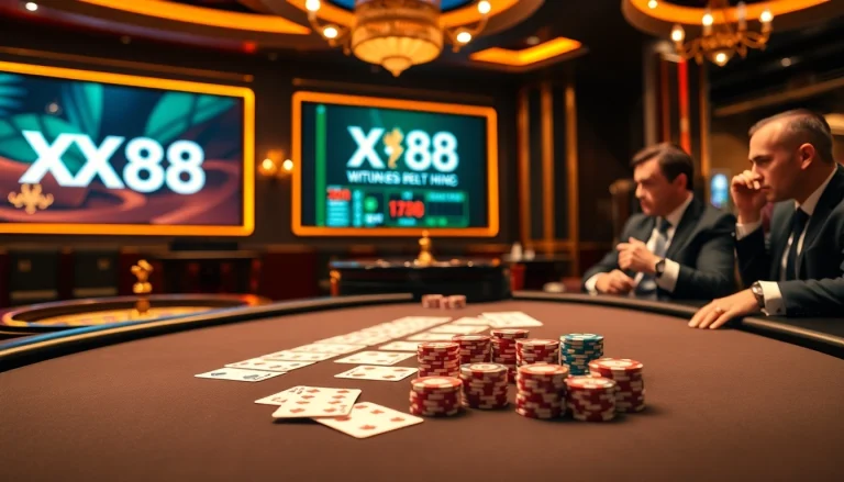 Players strategizing at a luxurious XX88 casino poker table with high-stakes chips.