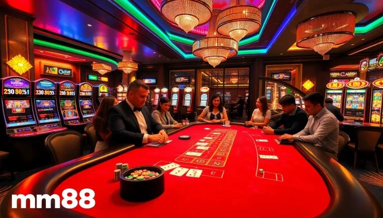 Engaging scene showcasing nhà cái mm88 with a glamorous casino table and live dealer atmosphere.