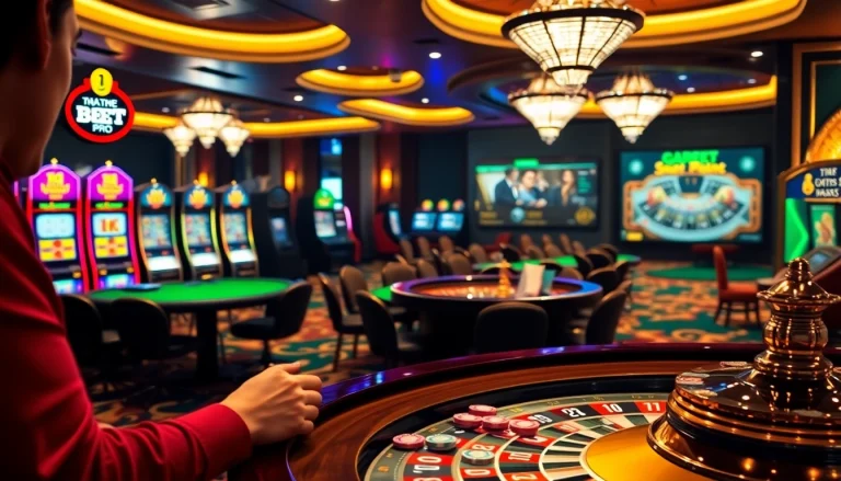 Exciting online gambling experience at tha-bet.pro with vibrant slot machines and elegant tables.