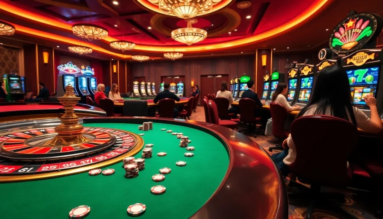 Thrilling casino scene showcasing online gambling at https://bet299app.com.br/ with roulette wheel and poker chips.