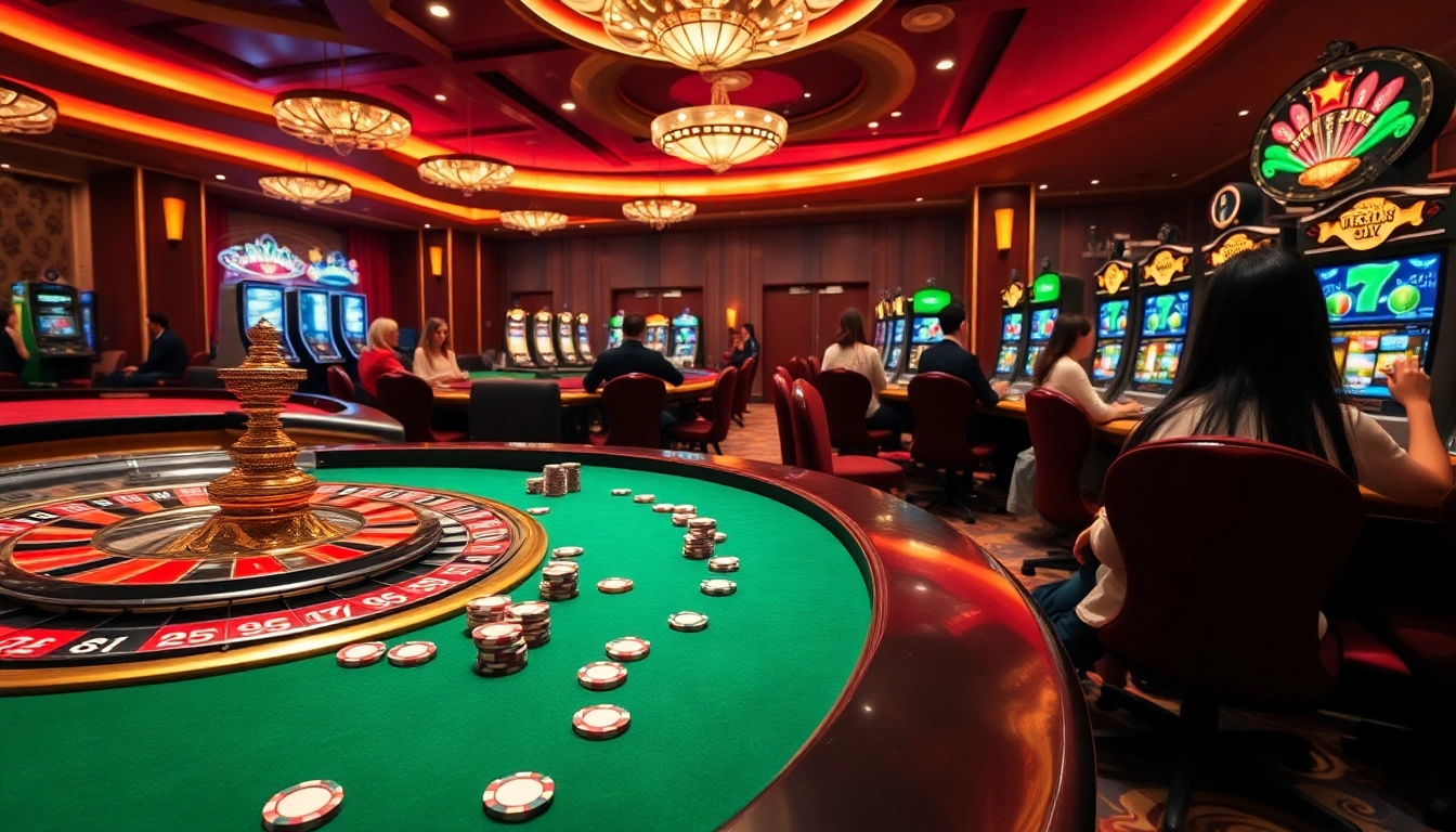 Thrilling casino scene showcasing online gambling at https://bet299app.com.br/ with roulette wheel and poker chips.