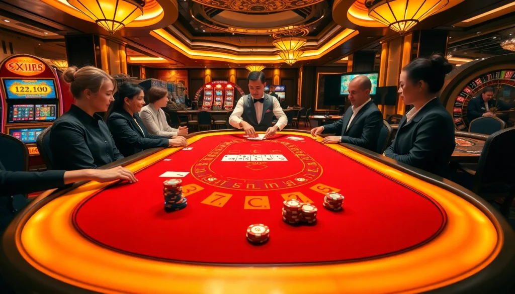 Experience thrilling gaming action at nhà cái xx88's casino table, highlighting players and vibrant chips.