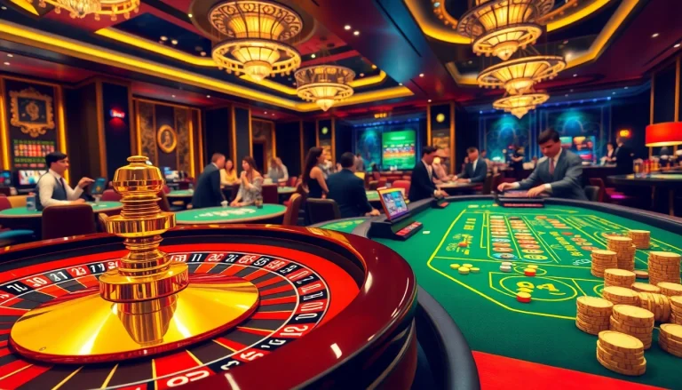 Exciting casino scene showcasing CM88 with players at roulette and blackjack tables, evoking luxury.