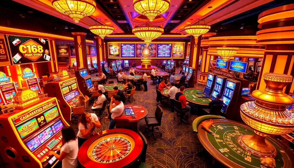 Celebrating khuyến mãi C168 at a luxury casino scene with vibrant gaming tables and players enjoying the excitement.