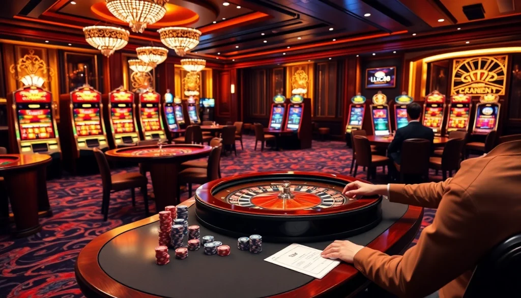 Experience the thrilling atmosphere of Nhà cái LC88 with players enjoying high-stakes games around elegant casino tables.