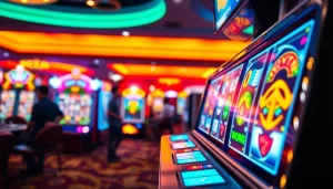 Slot gacor menampilkan mesin slot berwarna-warni dengan lampu dinamis dan suasana kasino yang hidup.