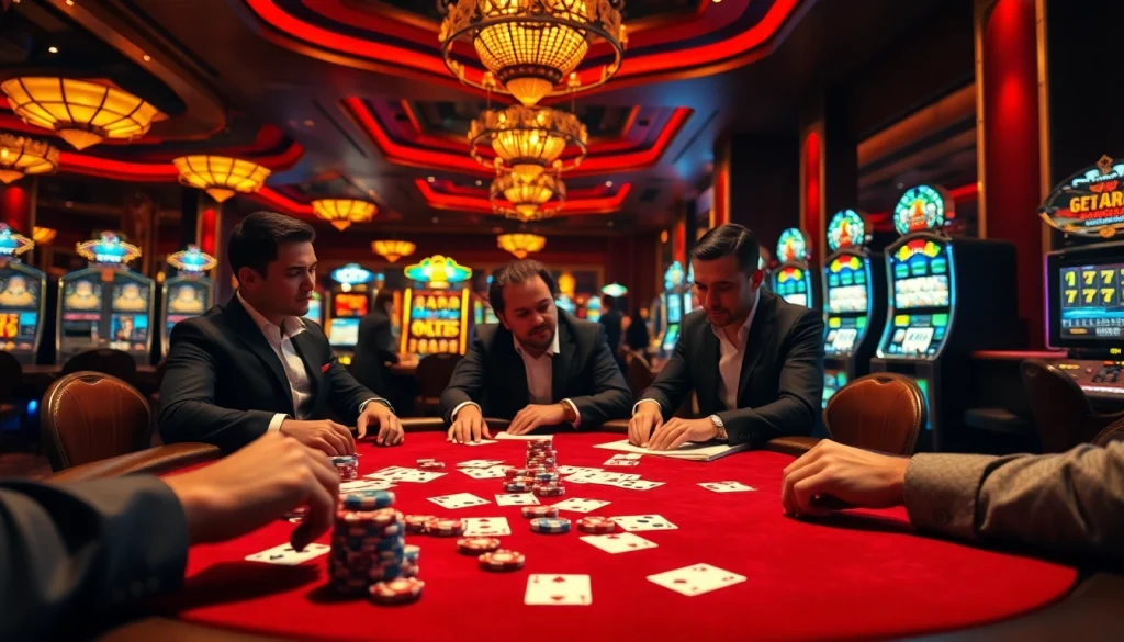 Win55 poker players in a high-stakes casino scene, capturing the thrill of the game.